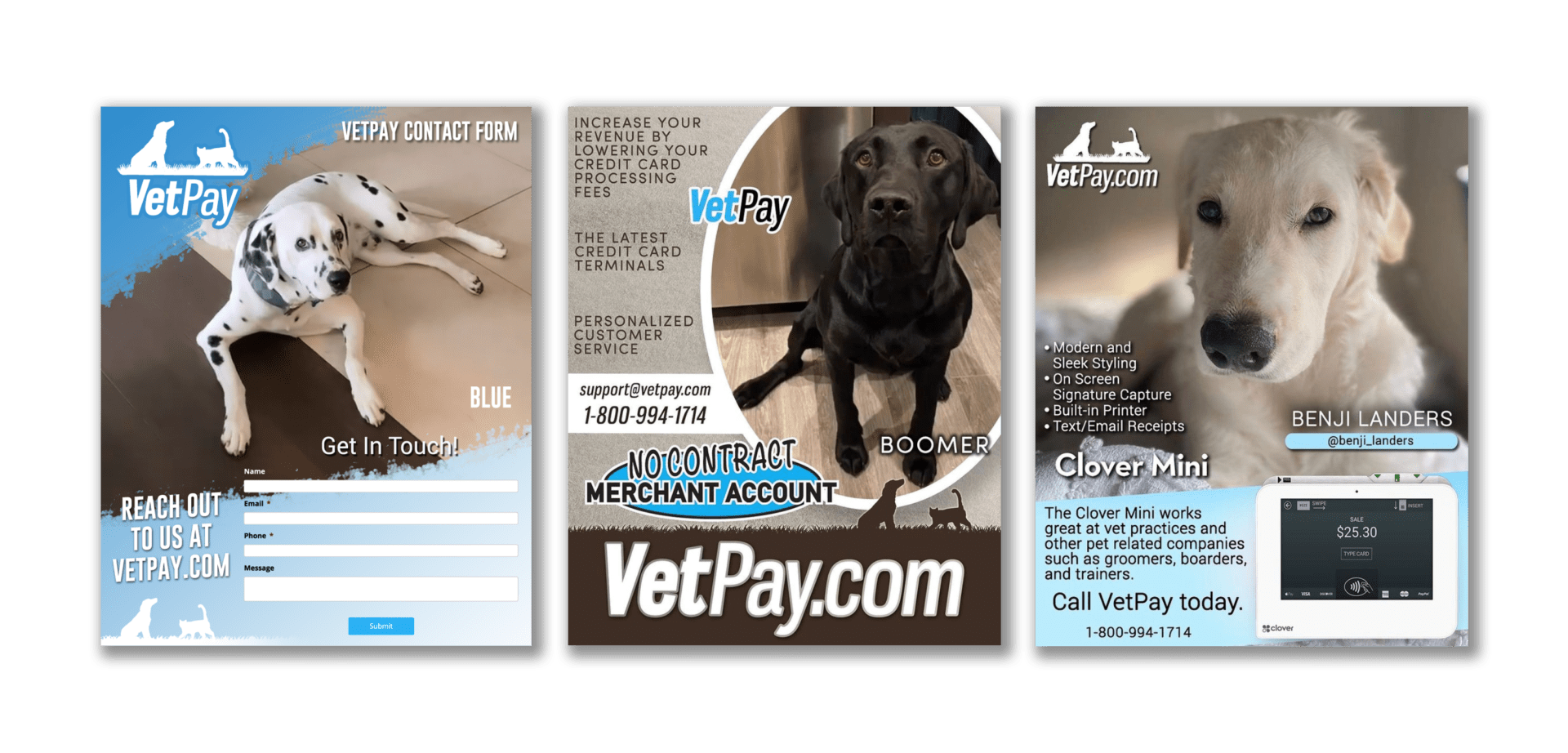 A collage of three different ads for vetpay. Com